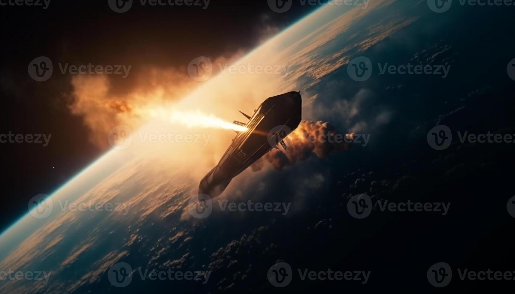 Futuristic spaceship orbits galaxy in dark atmosphere, digitally generated image generated by AI photo