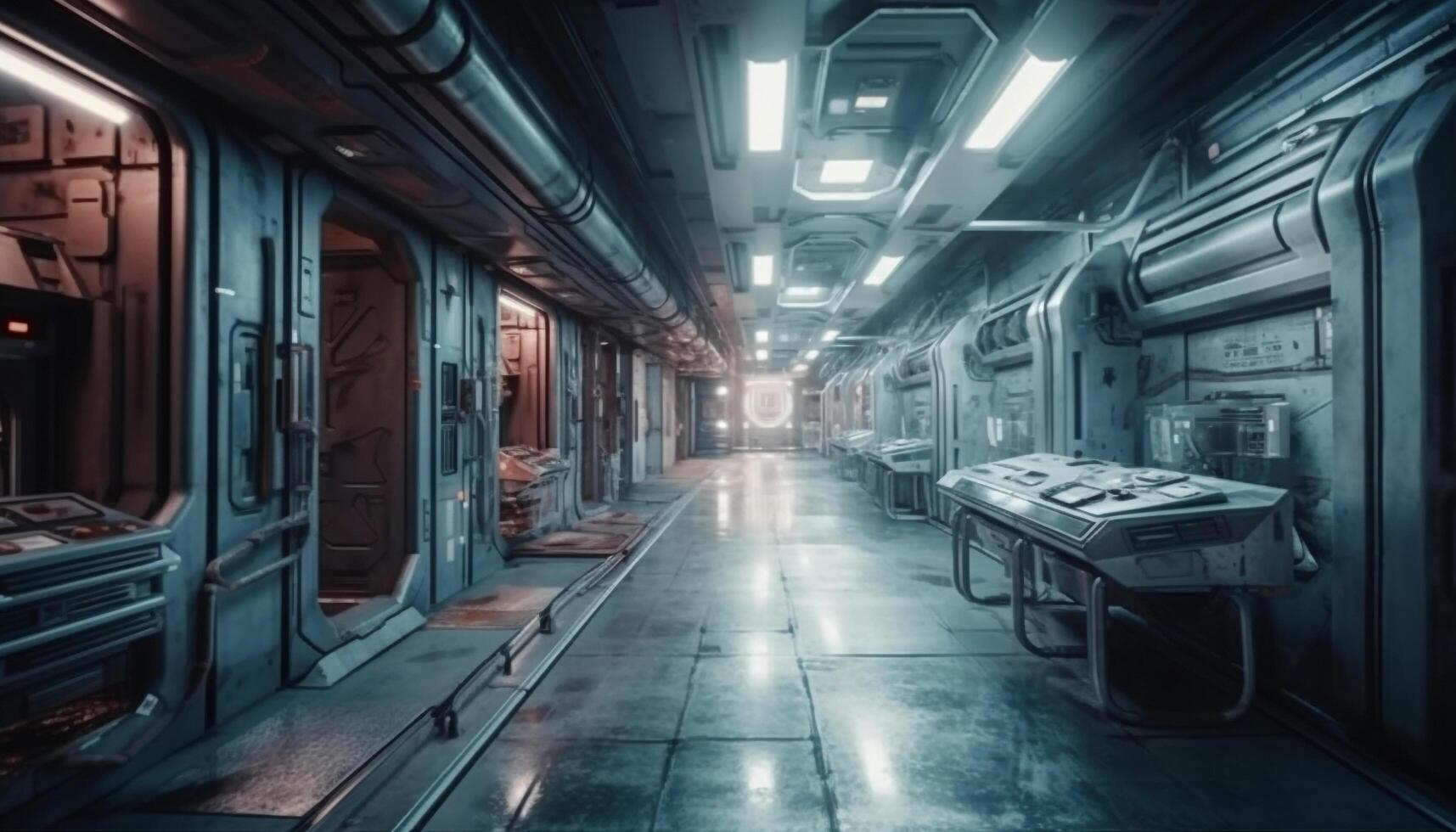 Futuristic factory workshop modern machinery, steel equipment, empty corridor, blue lighting generated by AI photo