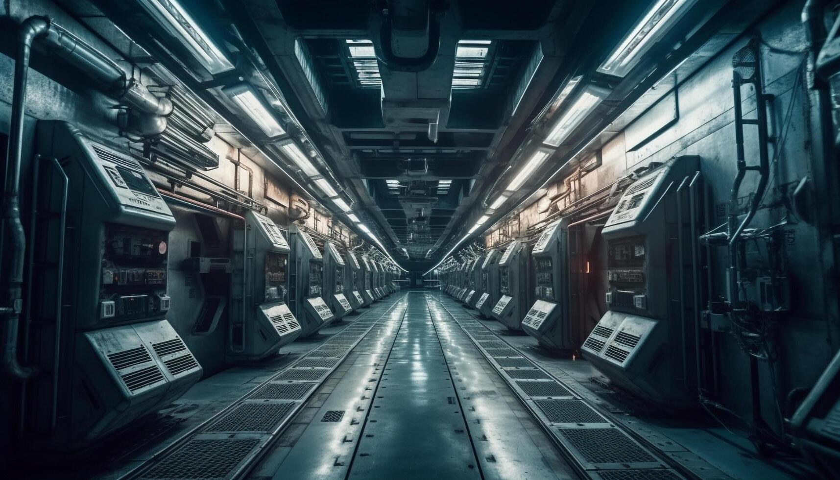 Futuristic machinery in a dark factory, no people inside generated by AI photo