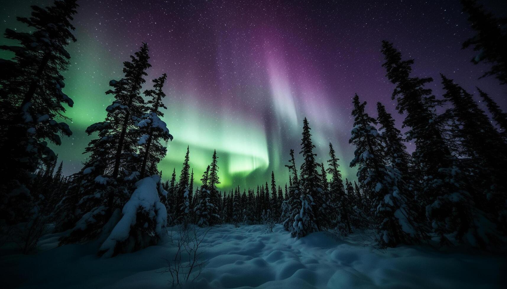 Majestic coniferous tree illuminated by star trail in tranquil scene generated by AI photo