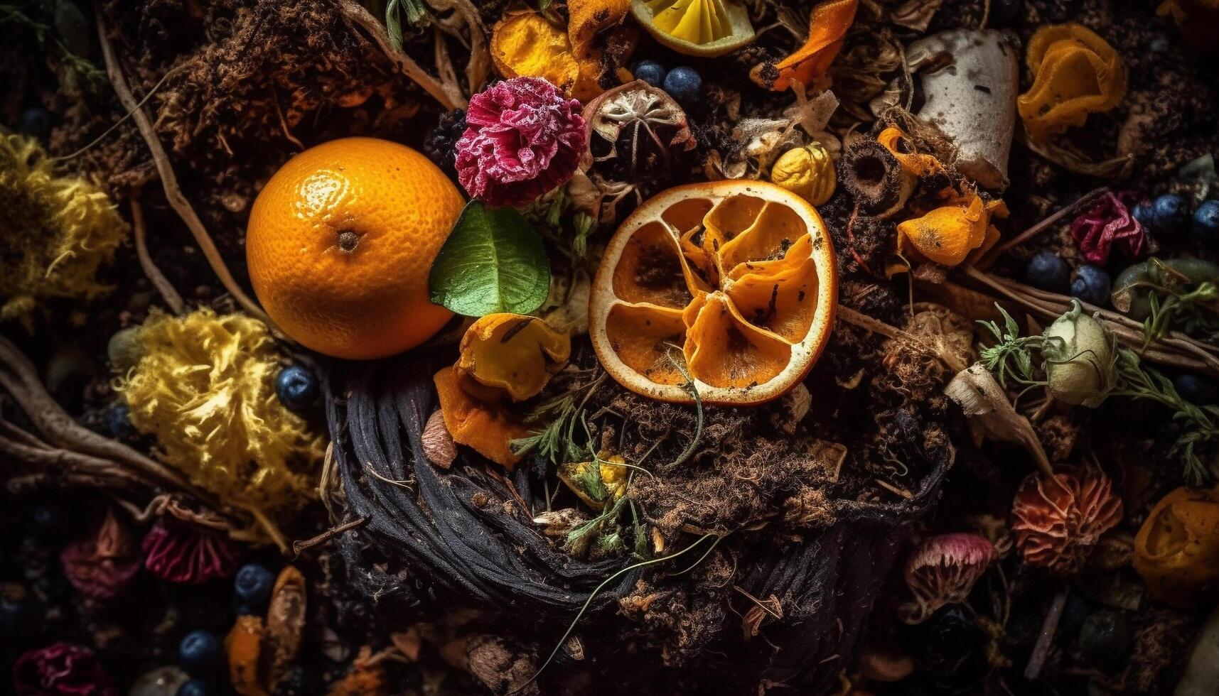 Fresh vegetarian fish bowl with citrus fruit and herb garnish generated by AI photo