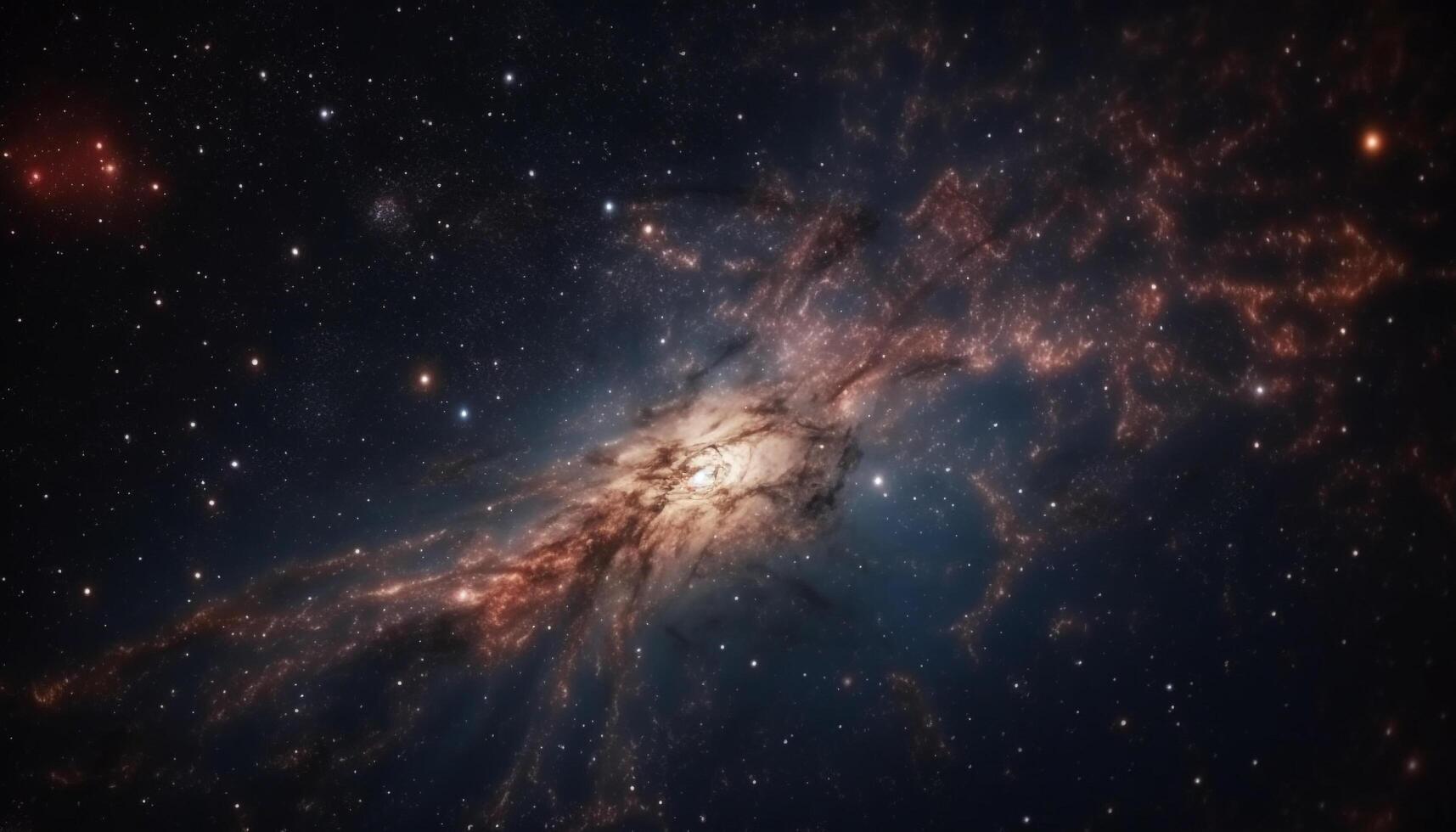 The illuminated spaceship speeds through the spiral galaxy star field generated by AI photo