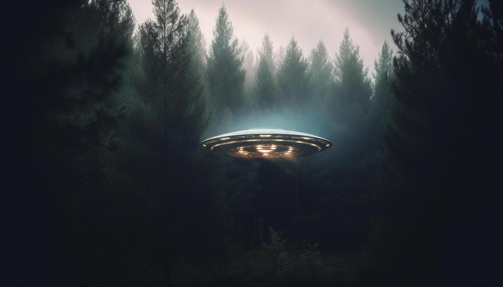 Flying saucer hovers in spooky forest, a bizarre discovery generated by AI photo