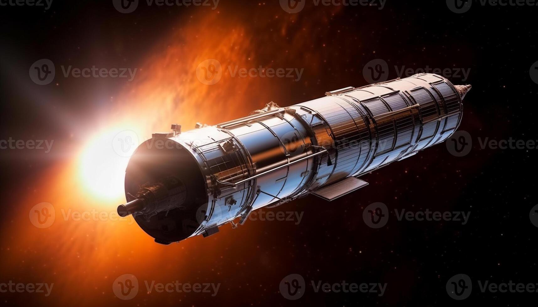 Futuristic spaceship travels through galaxy, exploring natural phenomena and discovery generated by AI photo