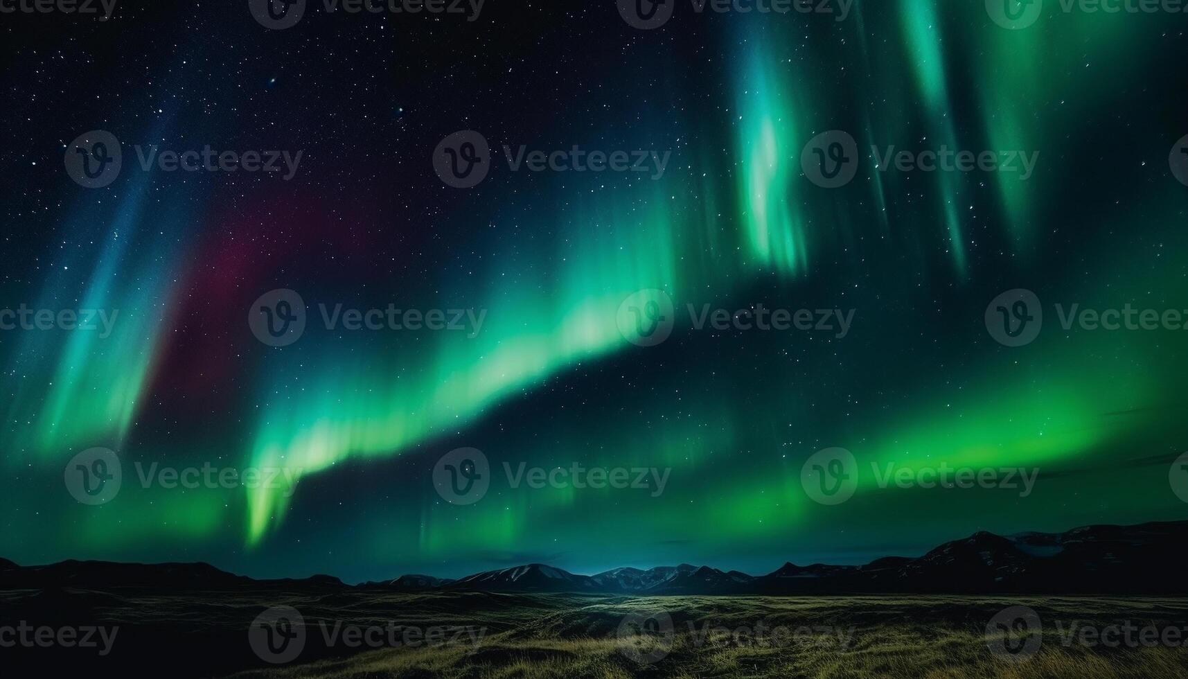 Majestic mountain range illuminated by vibrant aurora polaris in Tromso generated by AI photo