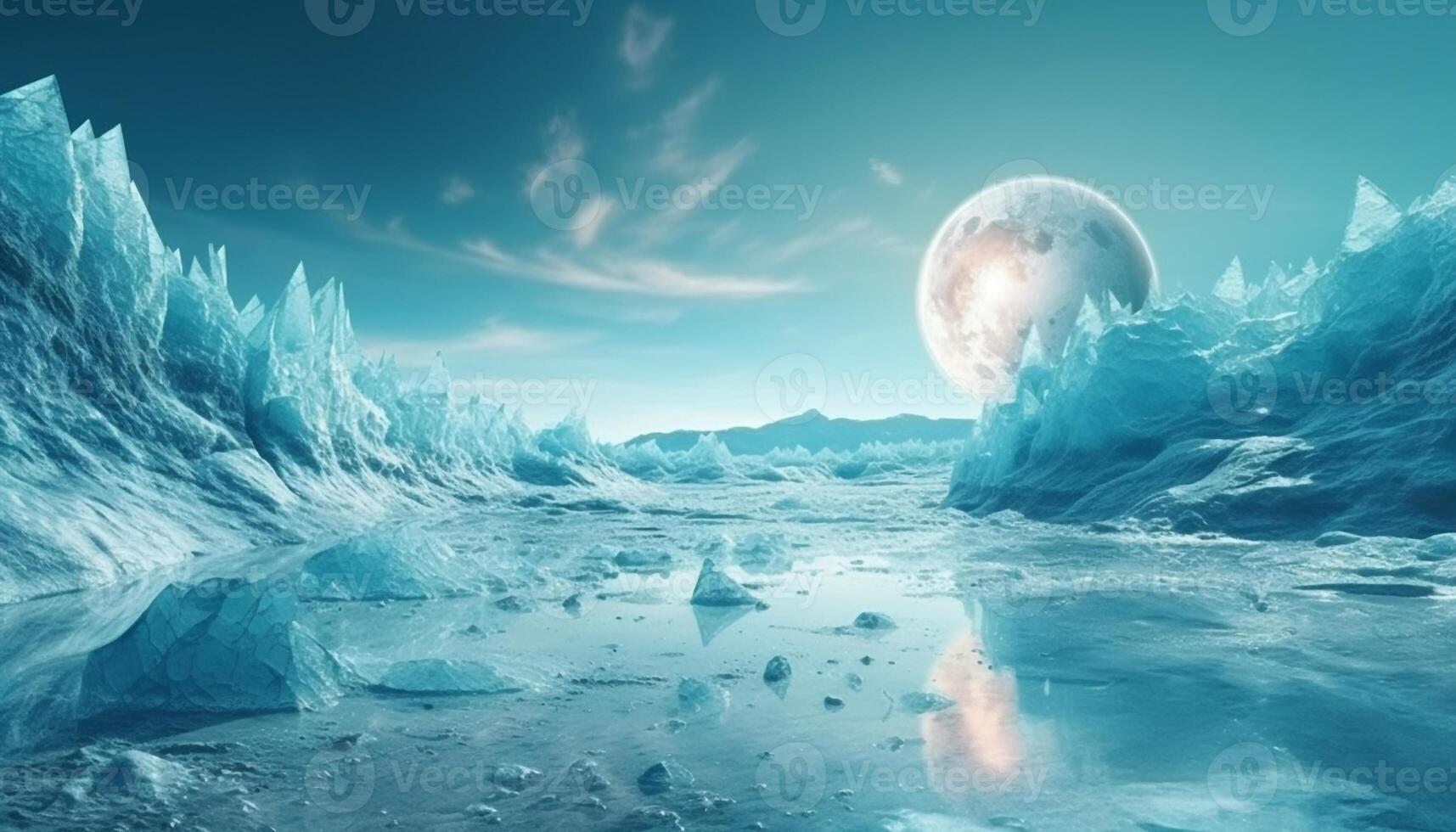 Futuristic spaceship orbits icy planet in digitally generated alien landscape generated by AI photo