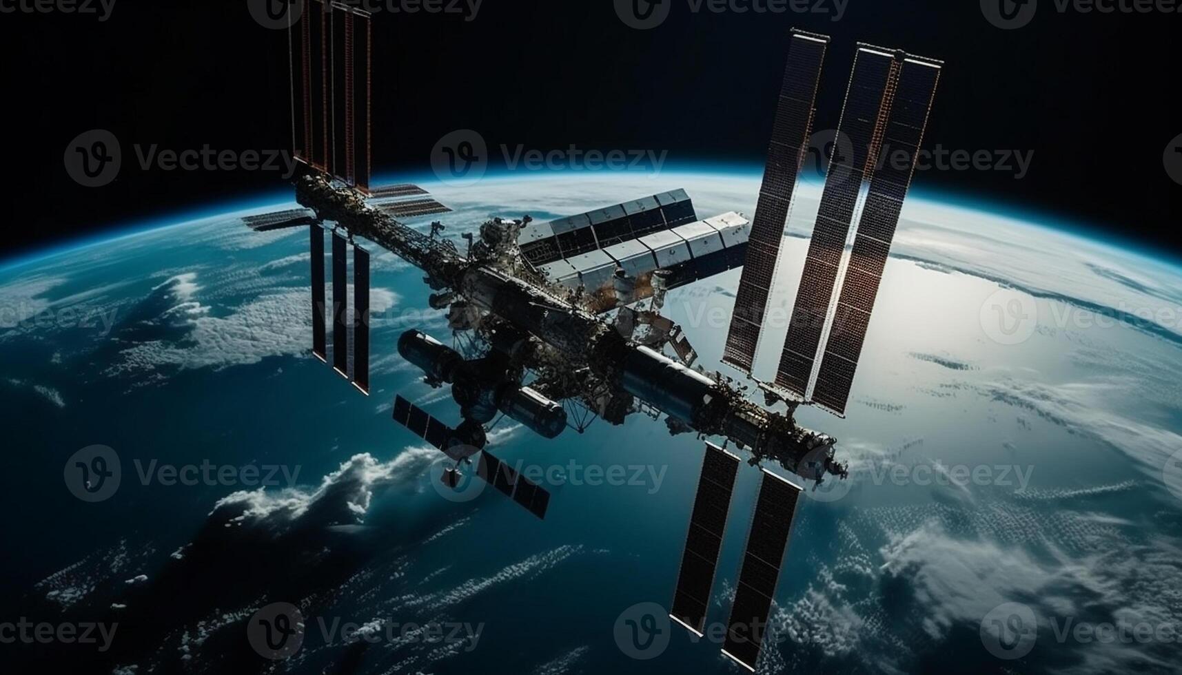 The spaceship orbits the planet in a futuristic galaxy illustration generated by AI photo