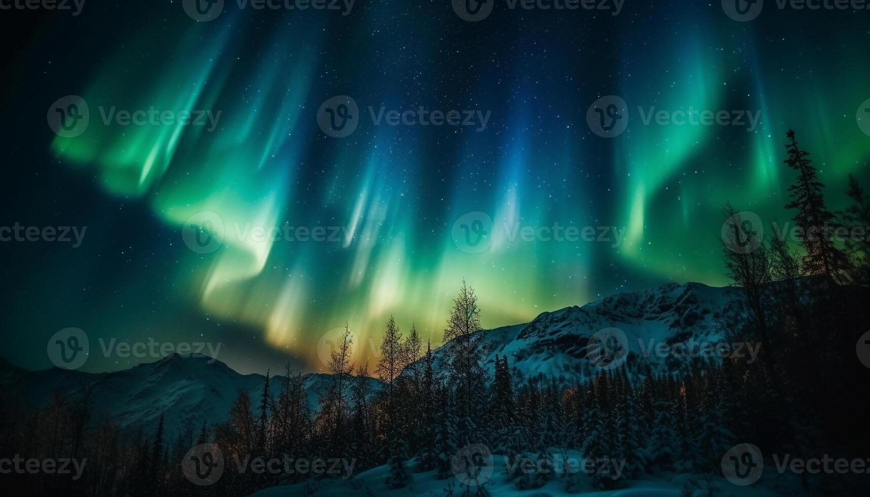 Majestic mountain peak illuminated by multi colored star trail at dusk generated by AI photo