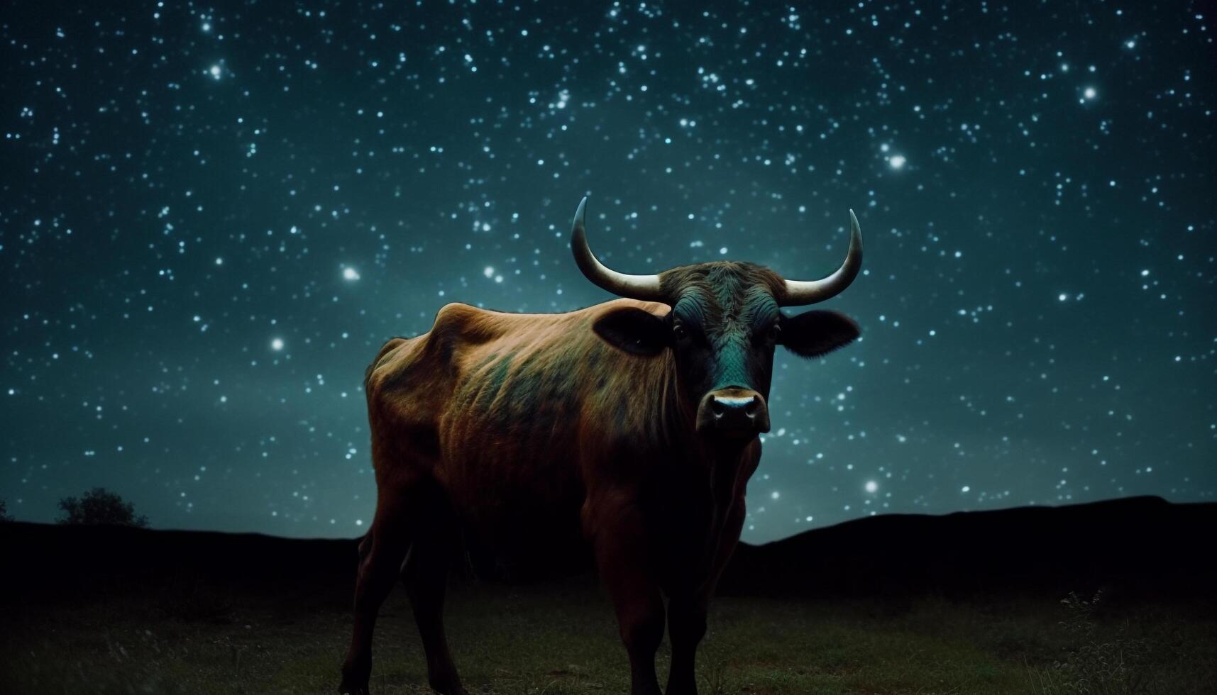 A horned cow grazes in the meadow under starry skies generated by AI photo