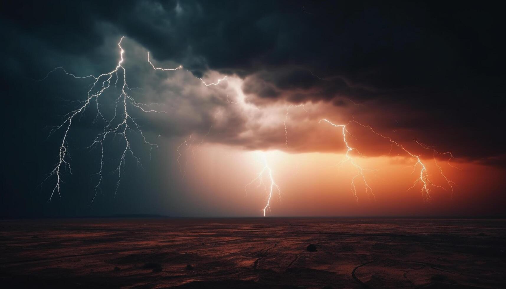 Dramatic sky, forked lightning, danger nature electricity shocks outdoors generated by AI photo