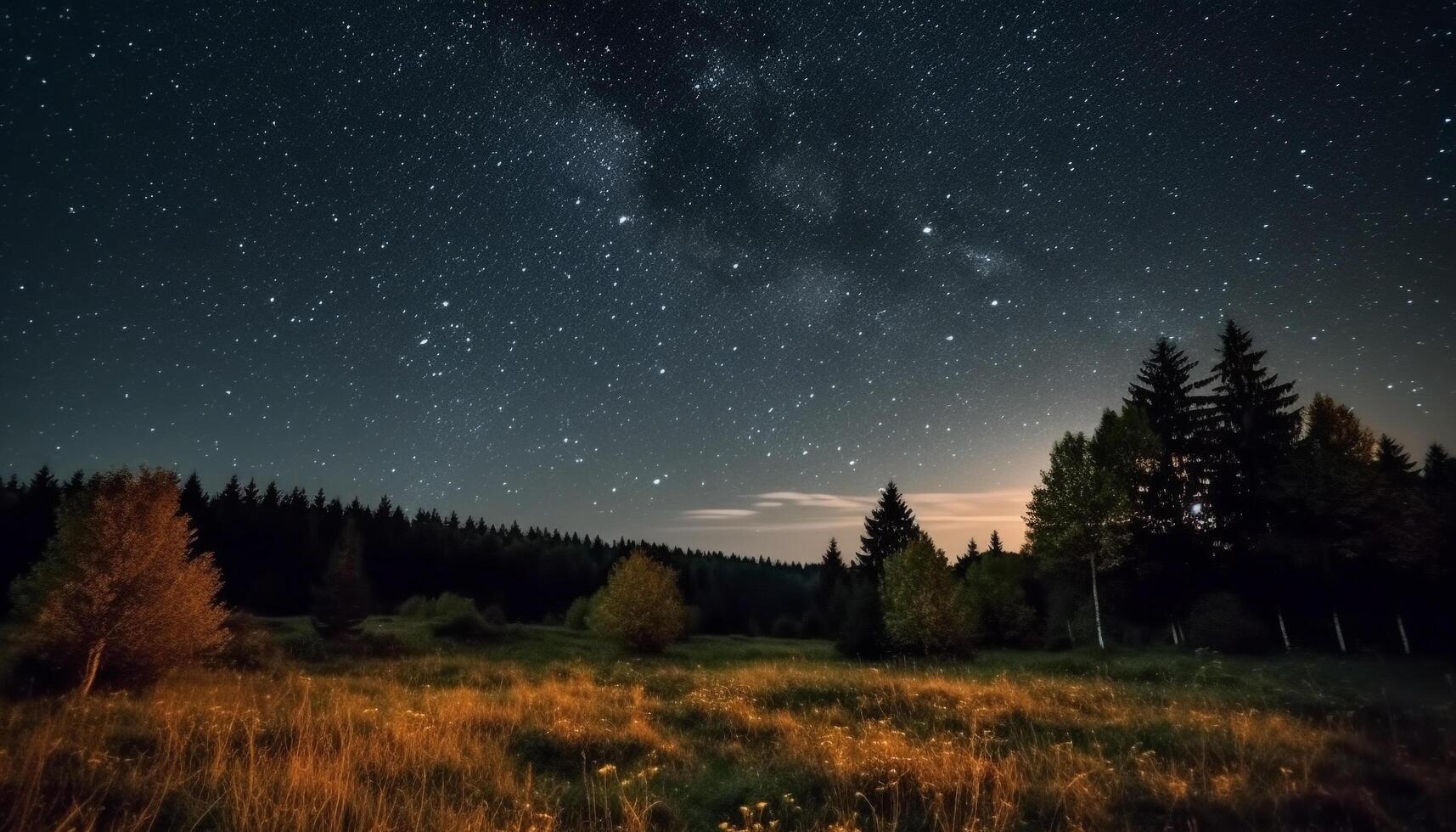 Tranquil star trail illuminates majestic mountain range in summer meadow generated by AI photo