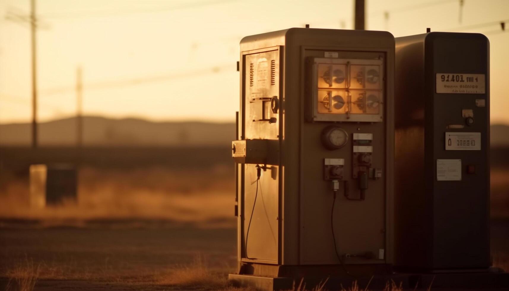 Old machinery illuminates sunset landscape, powered by fossil fuel generated by AI photo