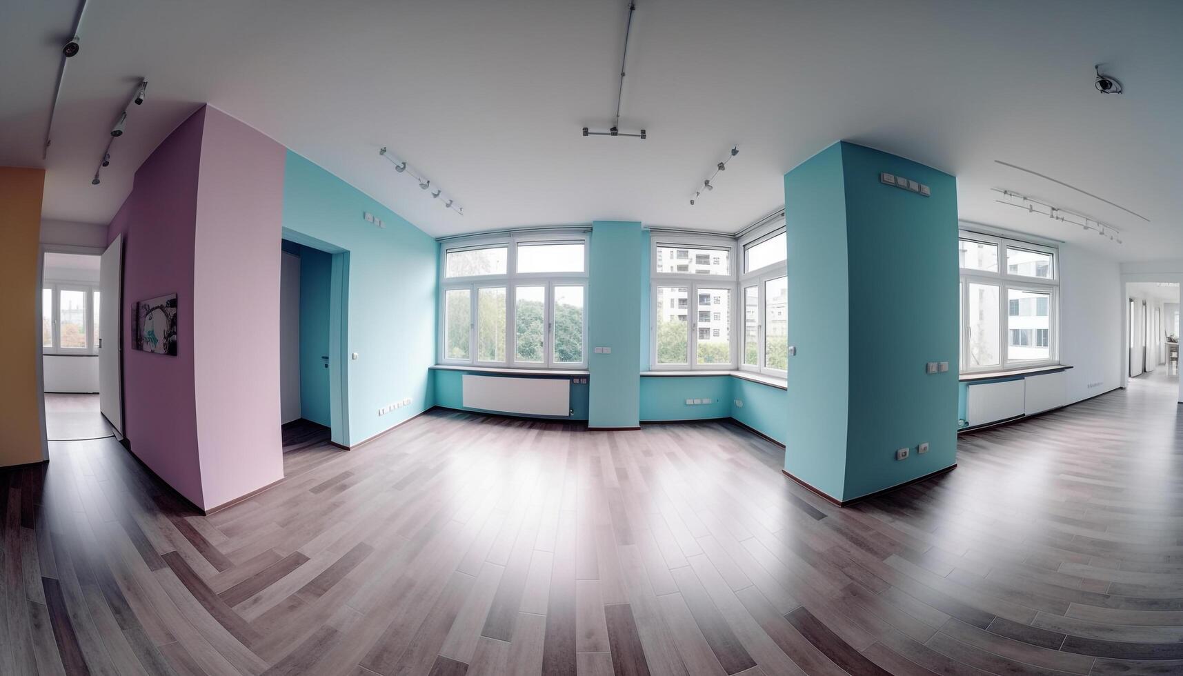 un limpio, moderno Departamento con elegante decoración y amplio ventanas generado por ai foto