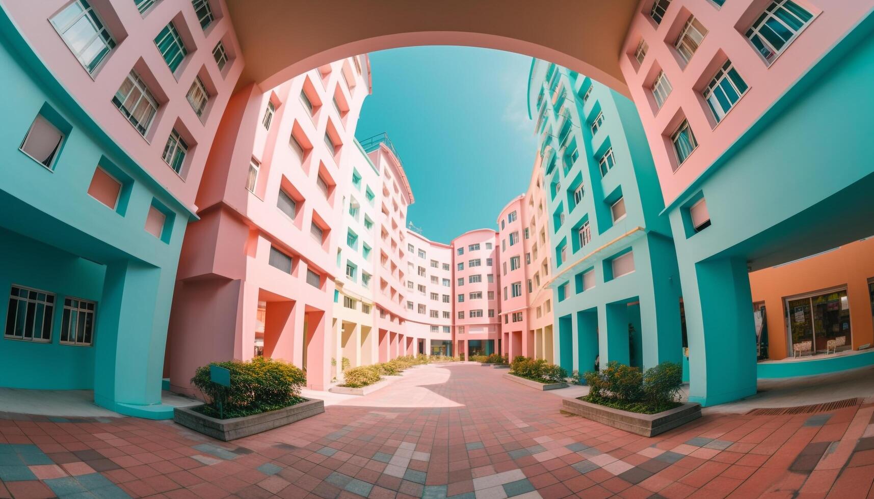 The modern skyscraper multi colored facade reflects the vibrant city life generated by AI photo