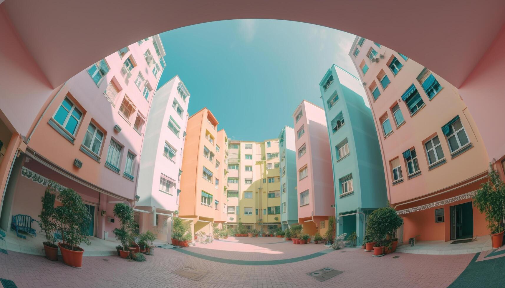 The modern skyscraper vibrant facade contrasts with the old fashioned balcony generated by AI photo