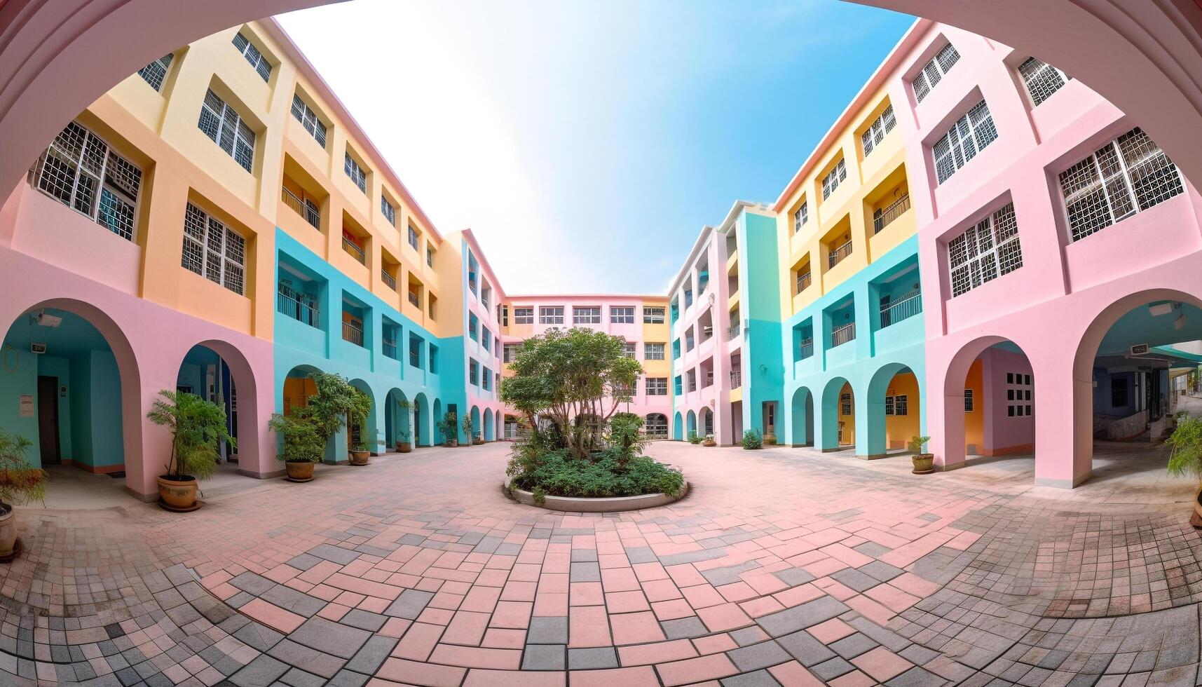 The vibrant Caribbean town square boasts a multi colored building facade generated by AI photo