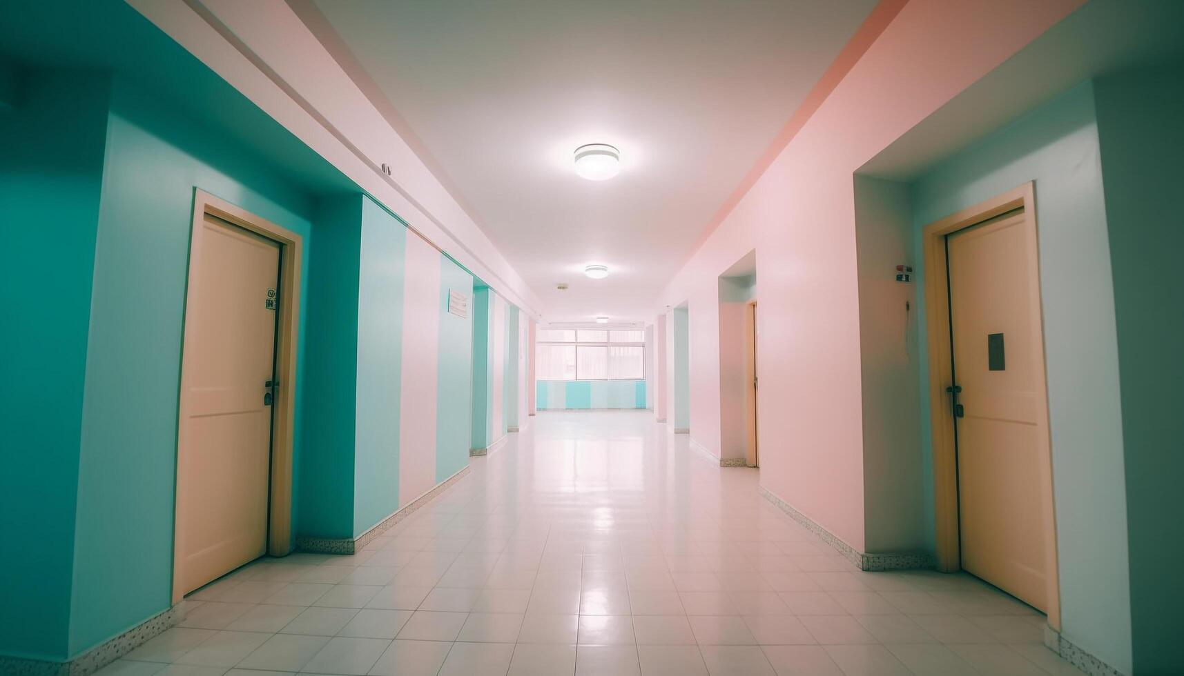 Abstract futuristic entrance hall with bright blue lighting equipment reflection generated by AI photo