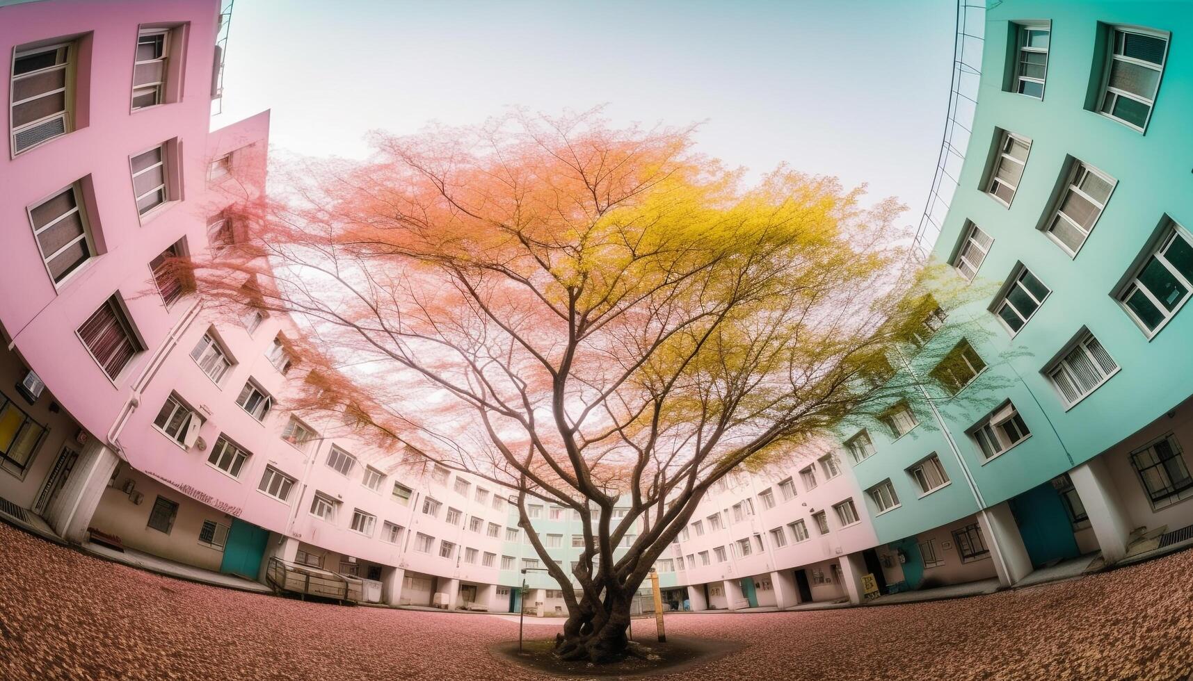 Modern skyscraper facade in vibrant city, nature diminishing perspective generated by AI photo
