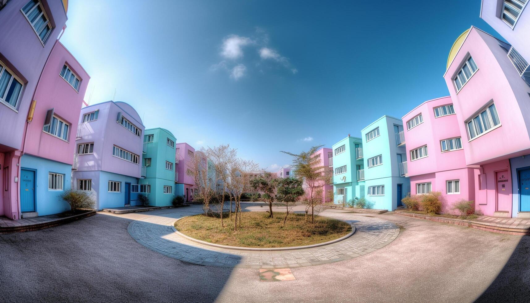 City life thrives in modern architecture with vibrant colors outdoors generated by AI photo