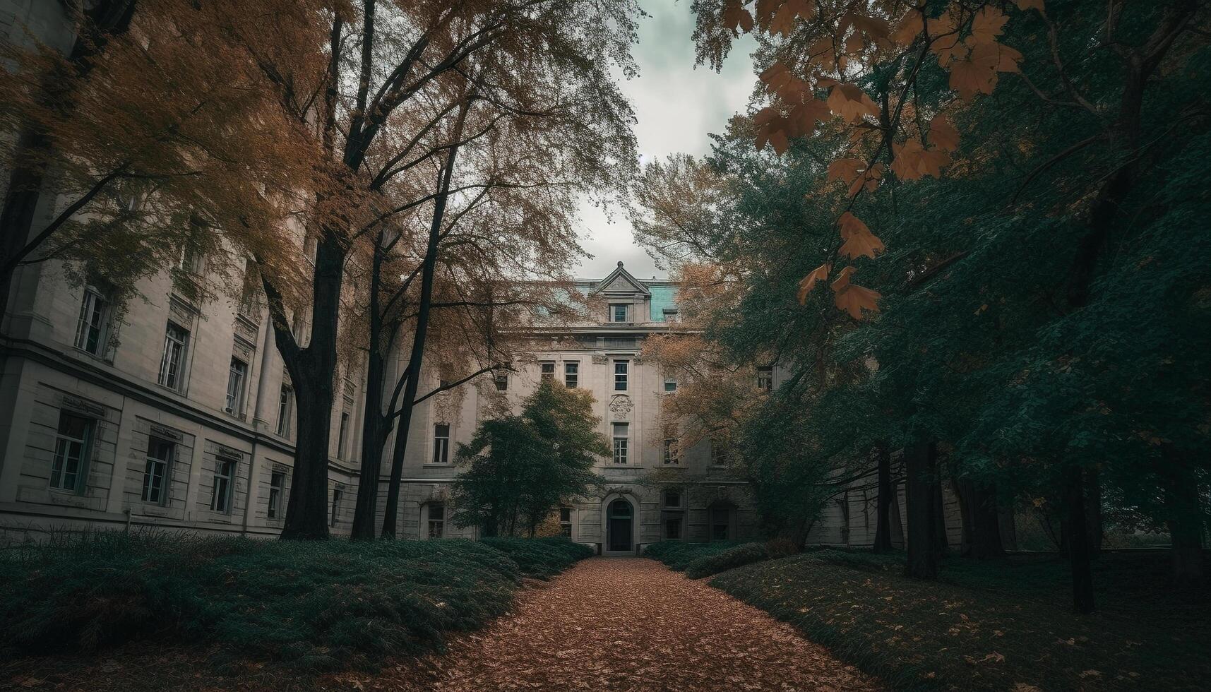 The gothic ruins of an old cathedral in the forest generated by AI photo