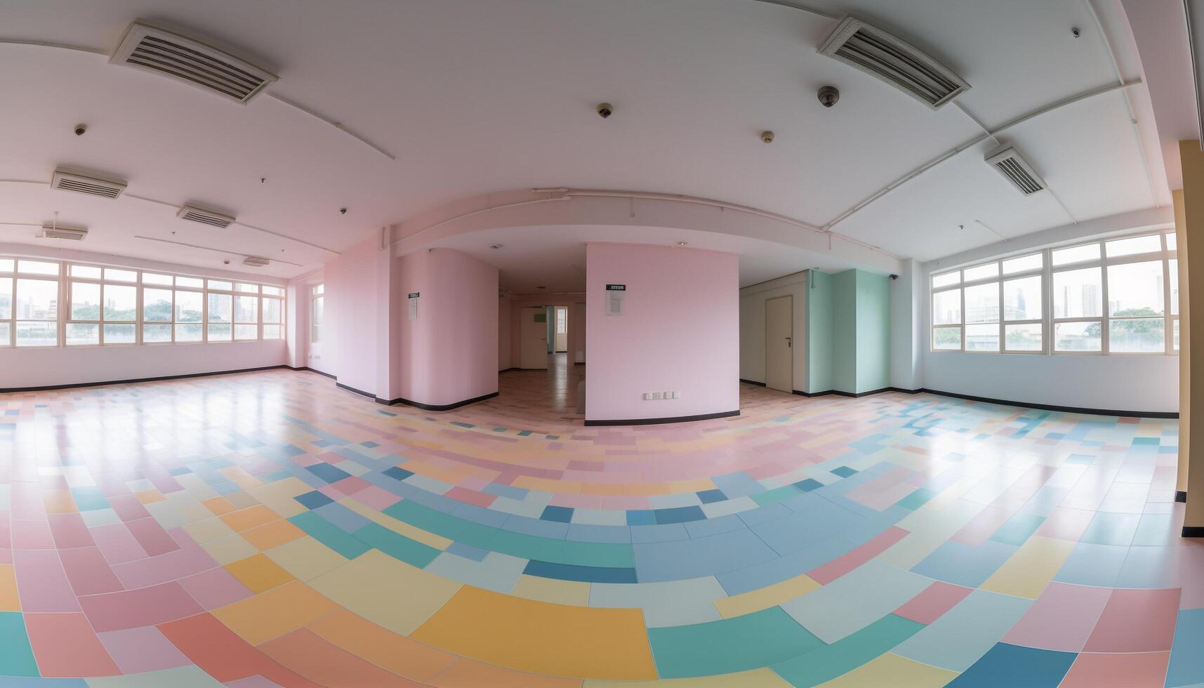 The futuristic office empty corridor leads to a vanishing point generated by AI photo