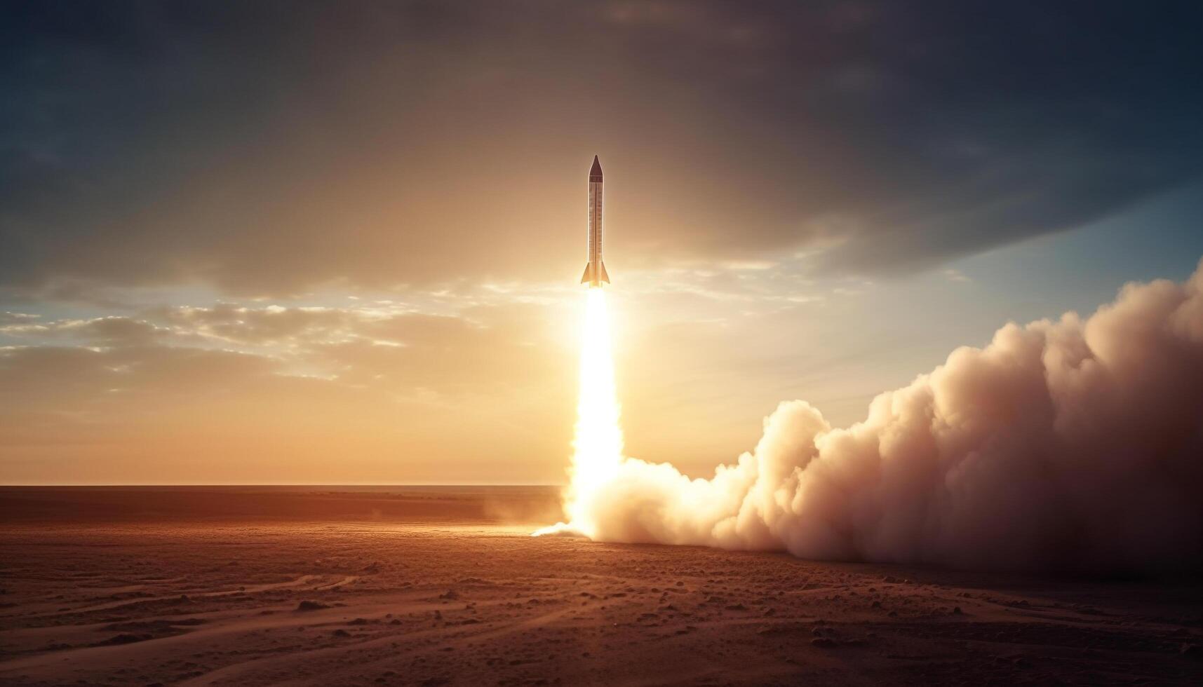 Silhouette of rocket flying through tranquil sunset sky, futuristic development generated by AI photo