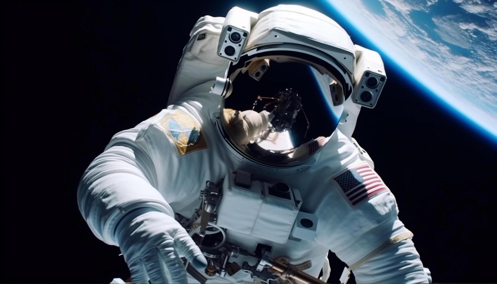 One astronaut working in a futuristic space suit, exploring planets generated by AI photo