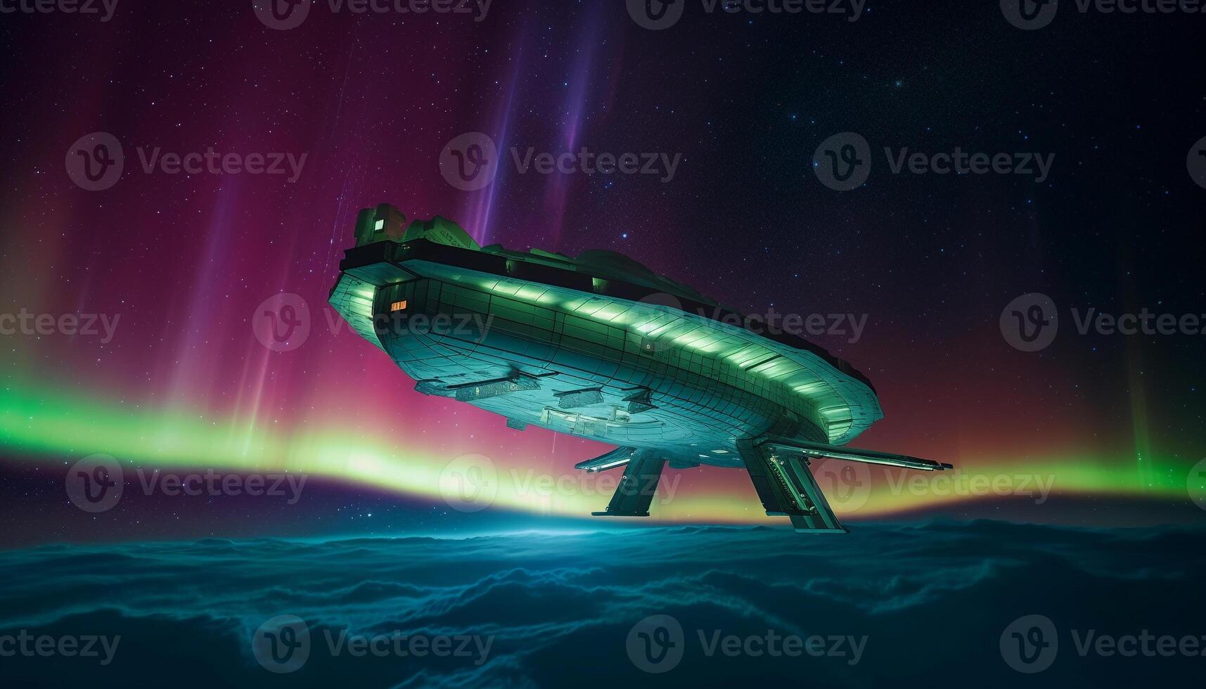 Futuristic spaceship travels through glowing galaxy in digitally generated illustration generated by AI photo