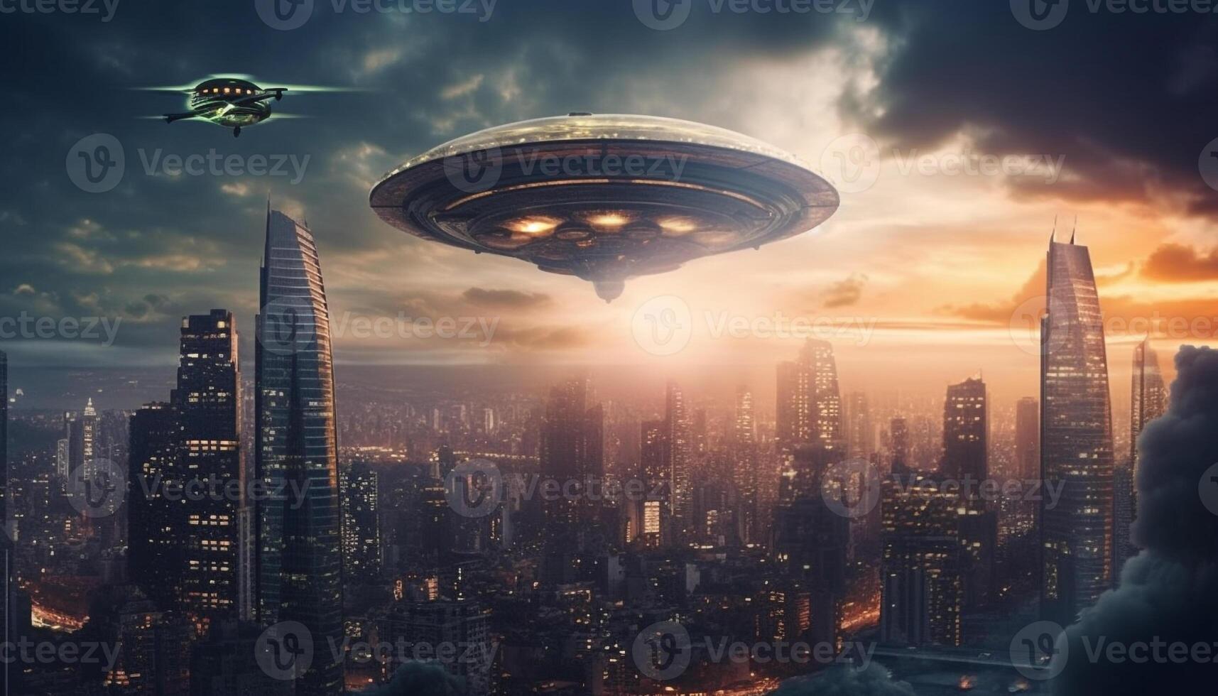 Futuristic skyscraper cityscape at night, flying technology and architecture generated by AI photo
