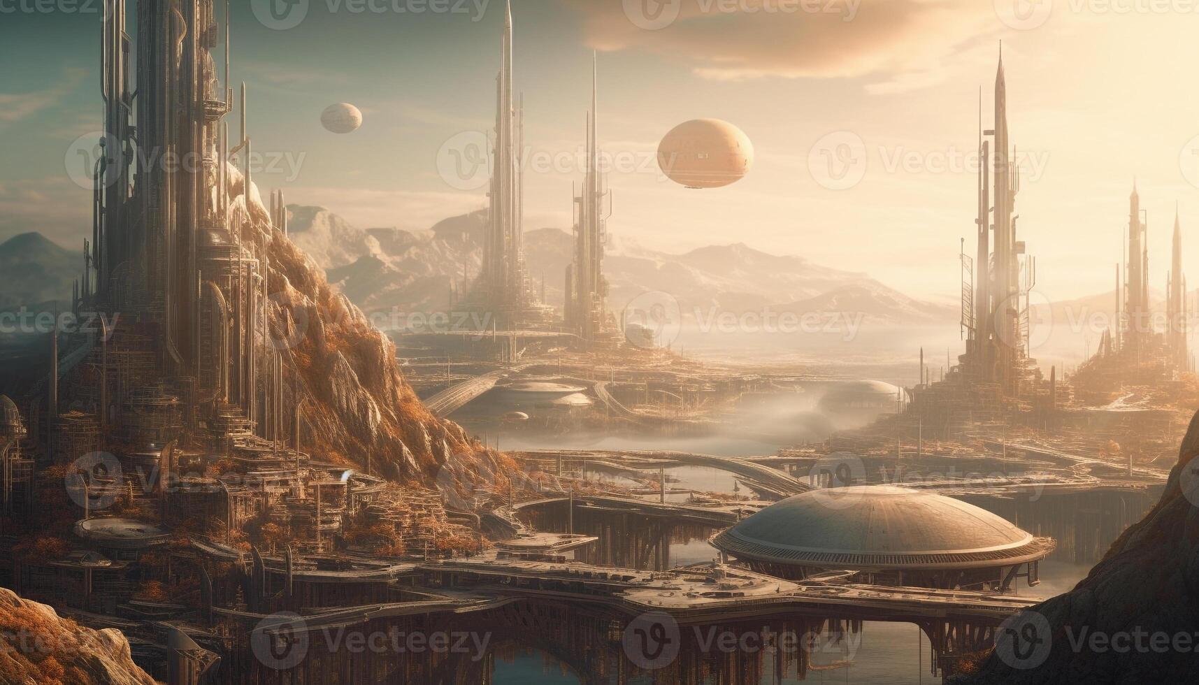 Sunset illuminates futuristic skyscrapers in a cityscape of technology and industry generated by AI photo