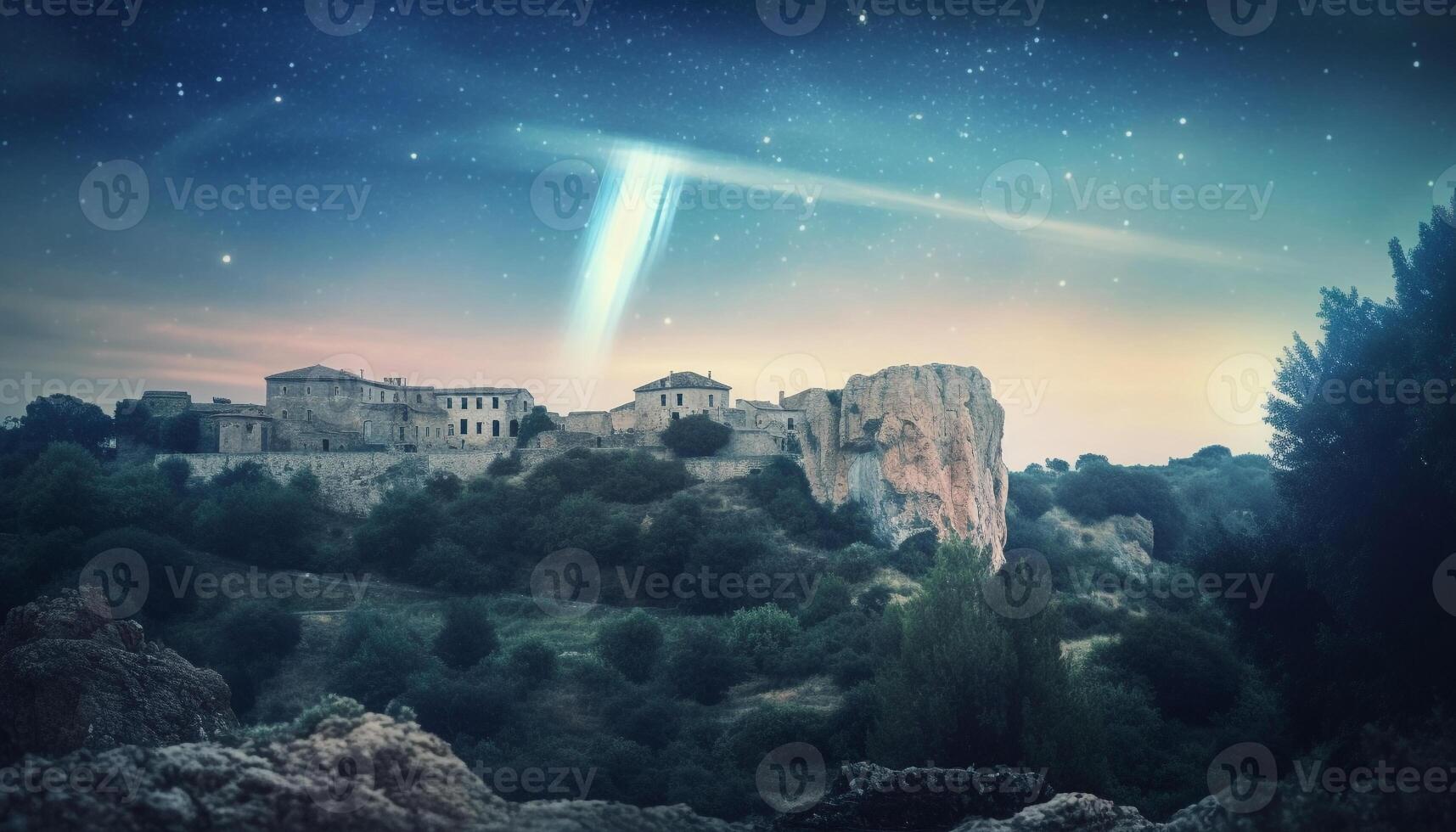 Praying under the majestic night sky, a spiritual adventure awaits generated by AI photo
