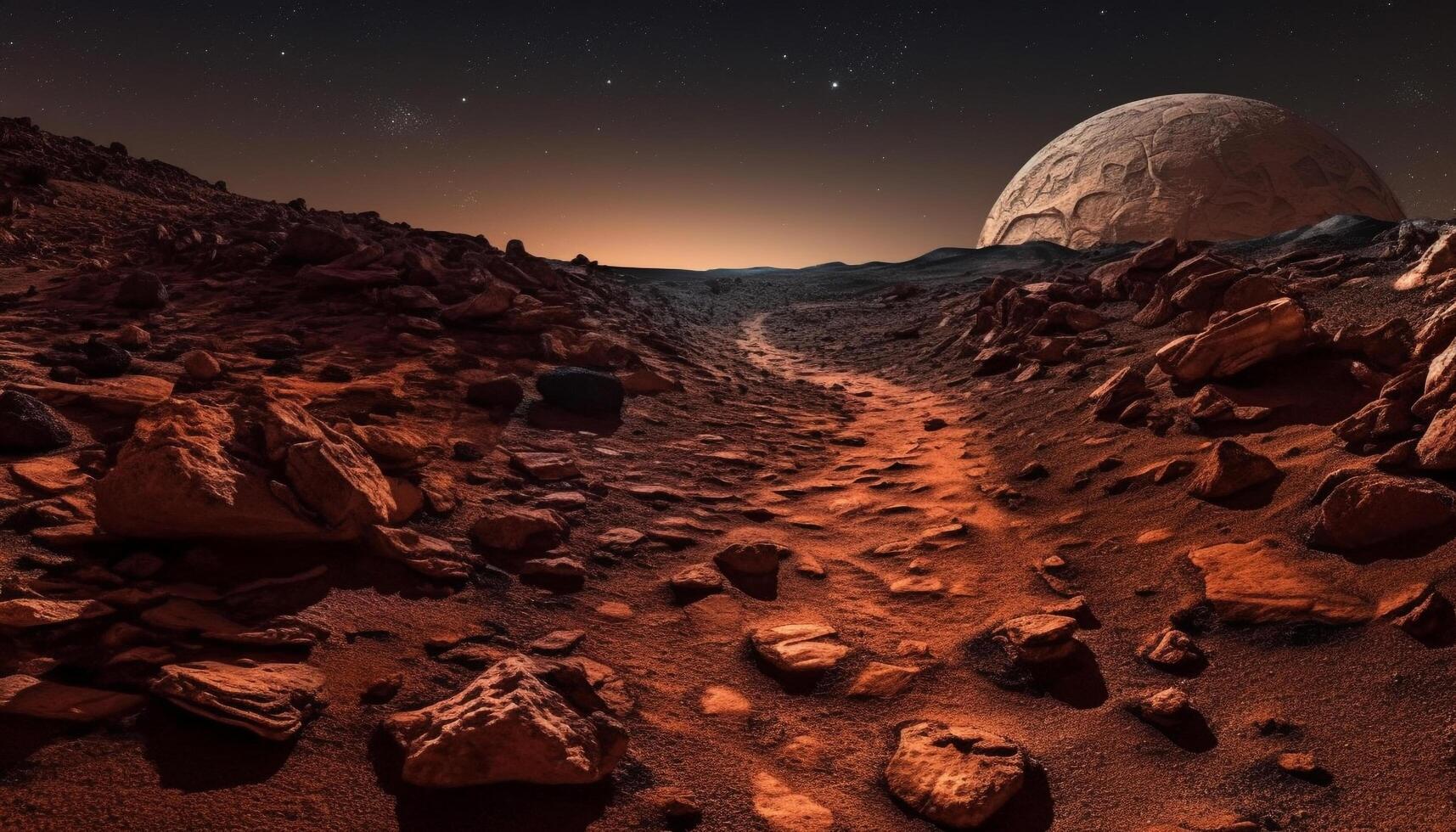 Milky Way galaxy illuminates the mountain range on alien planet generated by AI photo