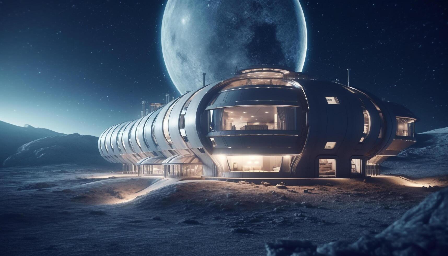 Futuristic spaceship orbits planet in galaxy, exploring nature fantasy landscape generated by AI photo
