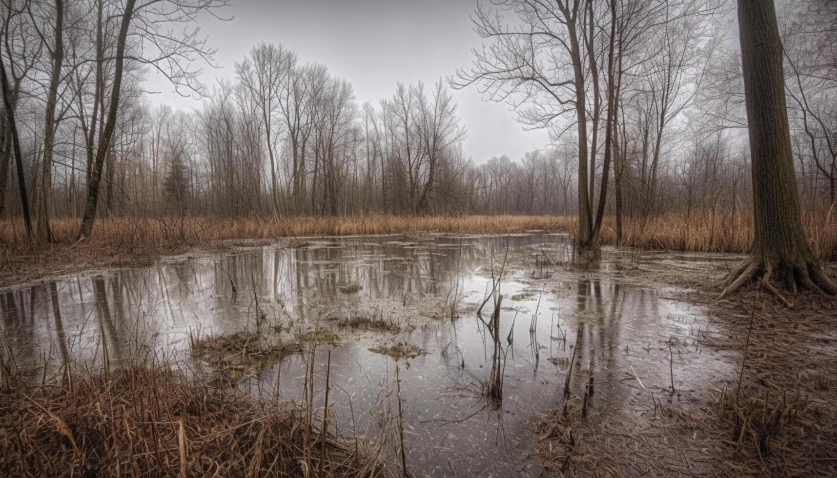 A tranquil scene tree branches reflect in the calm pond generated by AI photo