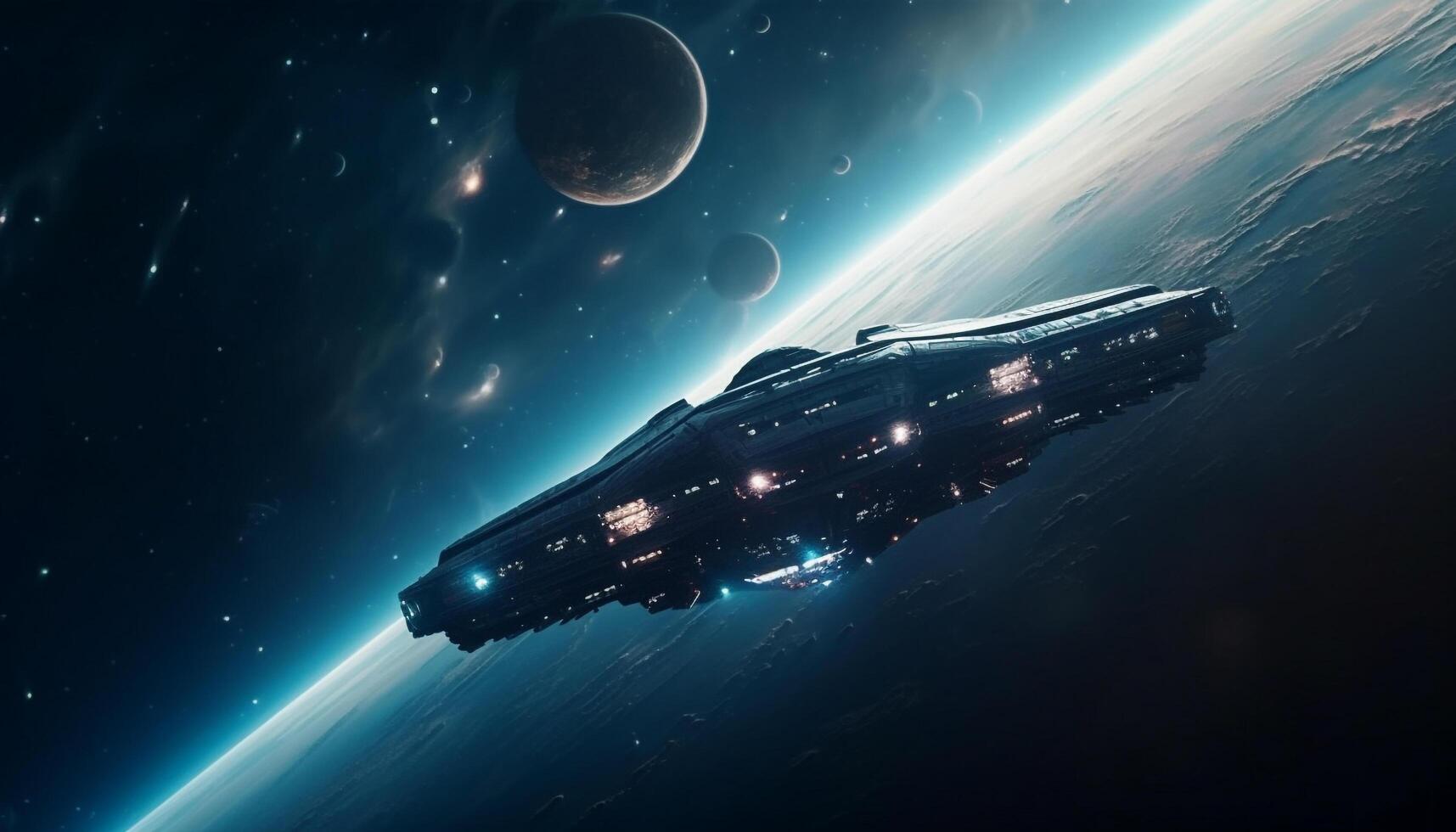 Futuristic spaceship orbits dark galaxy transporting cargo container through nebula generated by AI photo