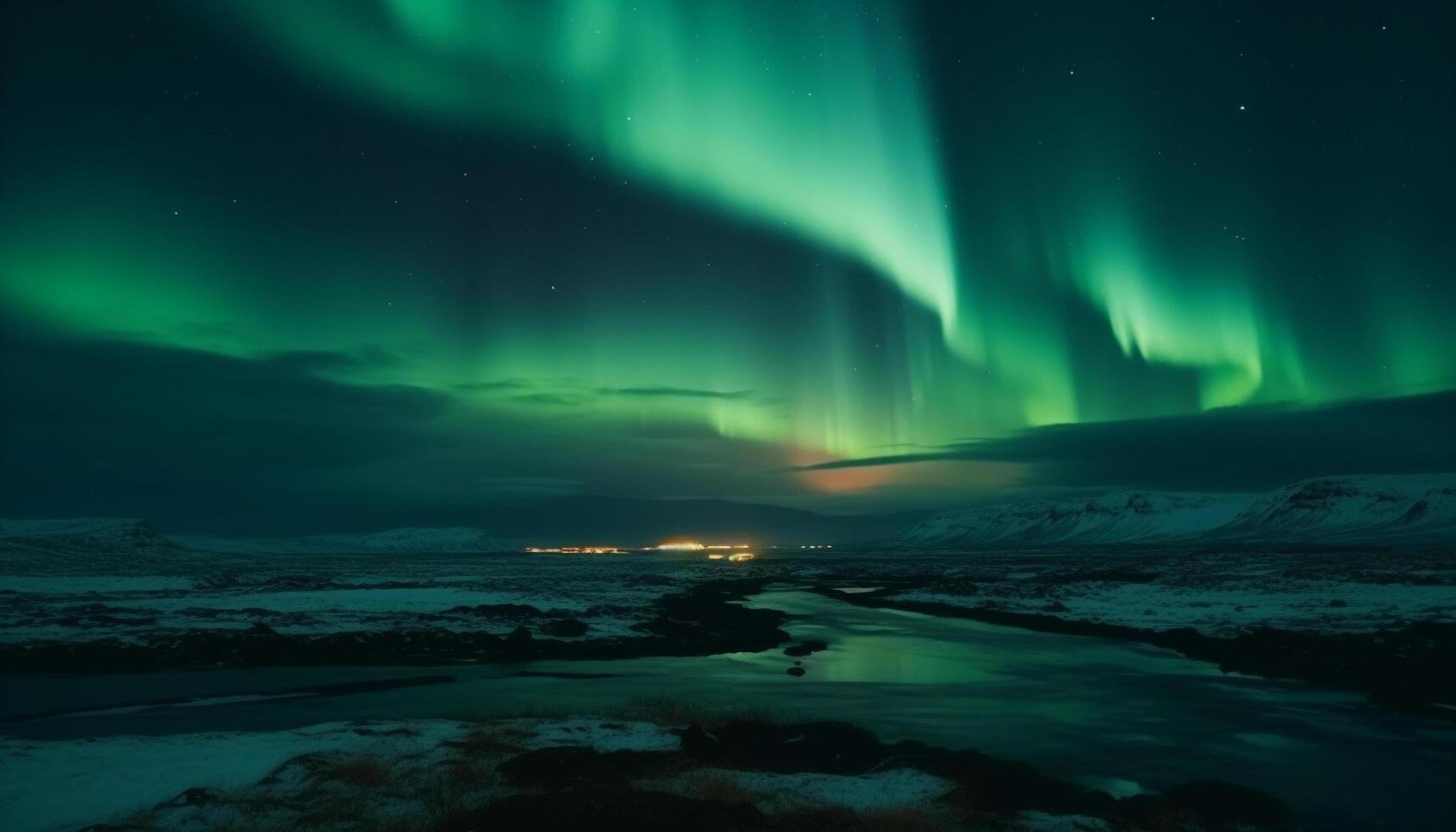 Arctic night sky illuminates majestic mountain range in multi colored mystery generated by AI photo