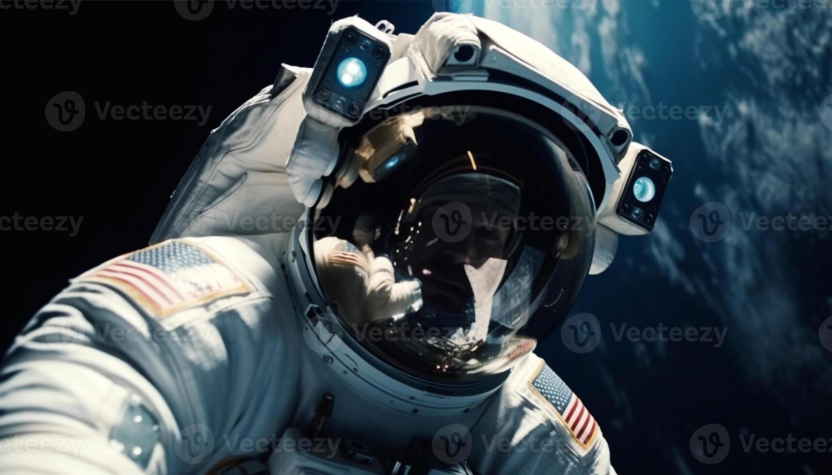 el futurista astronauta, armado con robótico equipo, explora espacio descubrimiento generado por ai foto