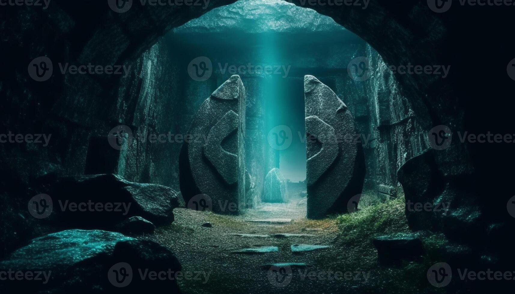 Deep underwater mystery spooky exploration of old ruined architecture generated by AI photo