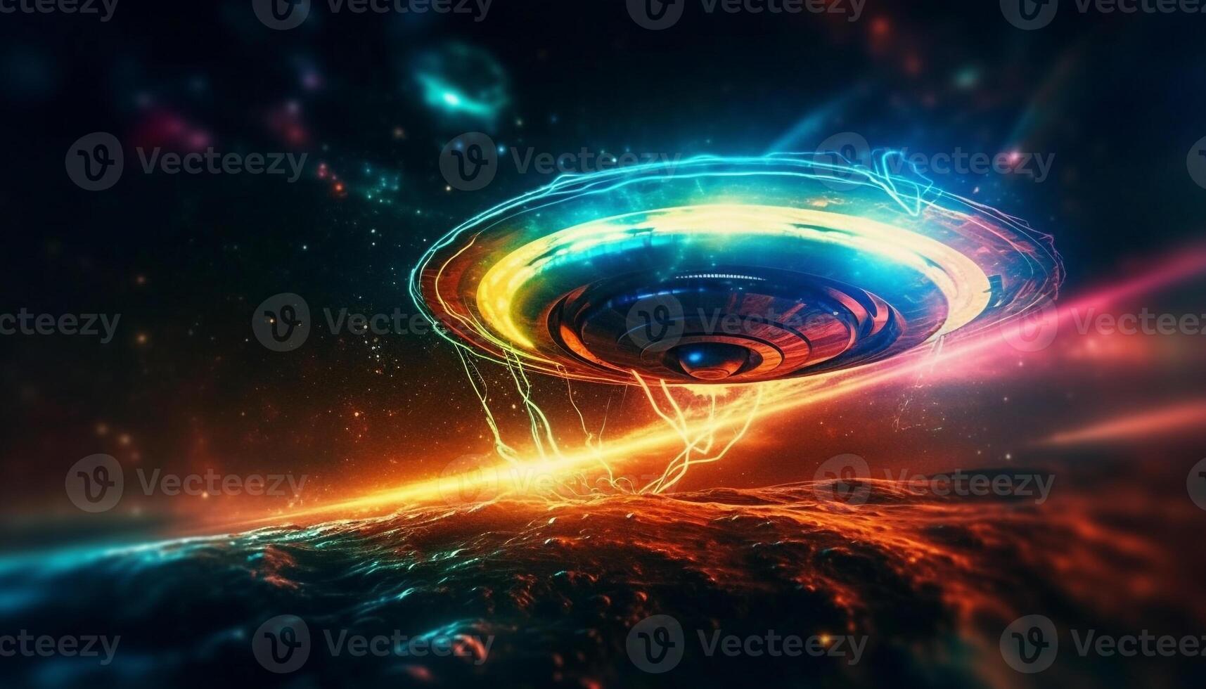 Futuristic spaceship travels through glowing galaxy, a fantasy adventure generated by AI photo
