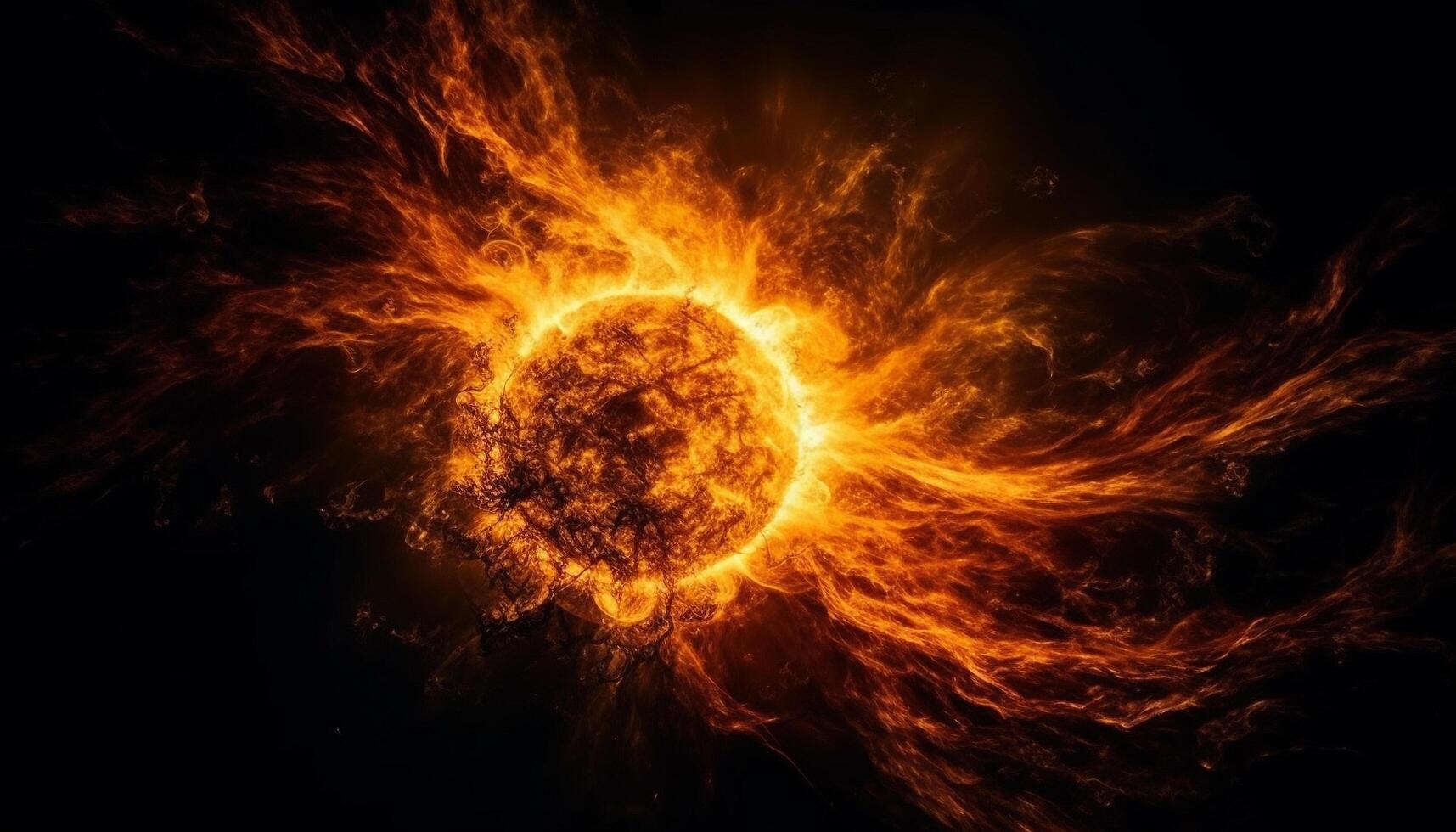 Abstract inferno igniting galaxy, a fiery sphere of natural phenomenon generated by AI photo