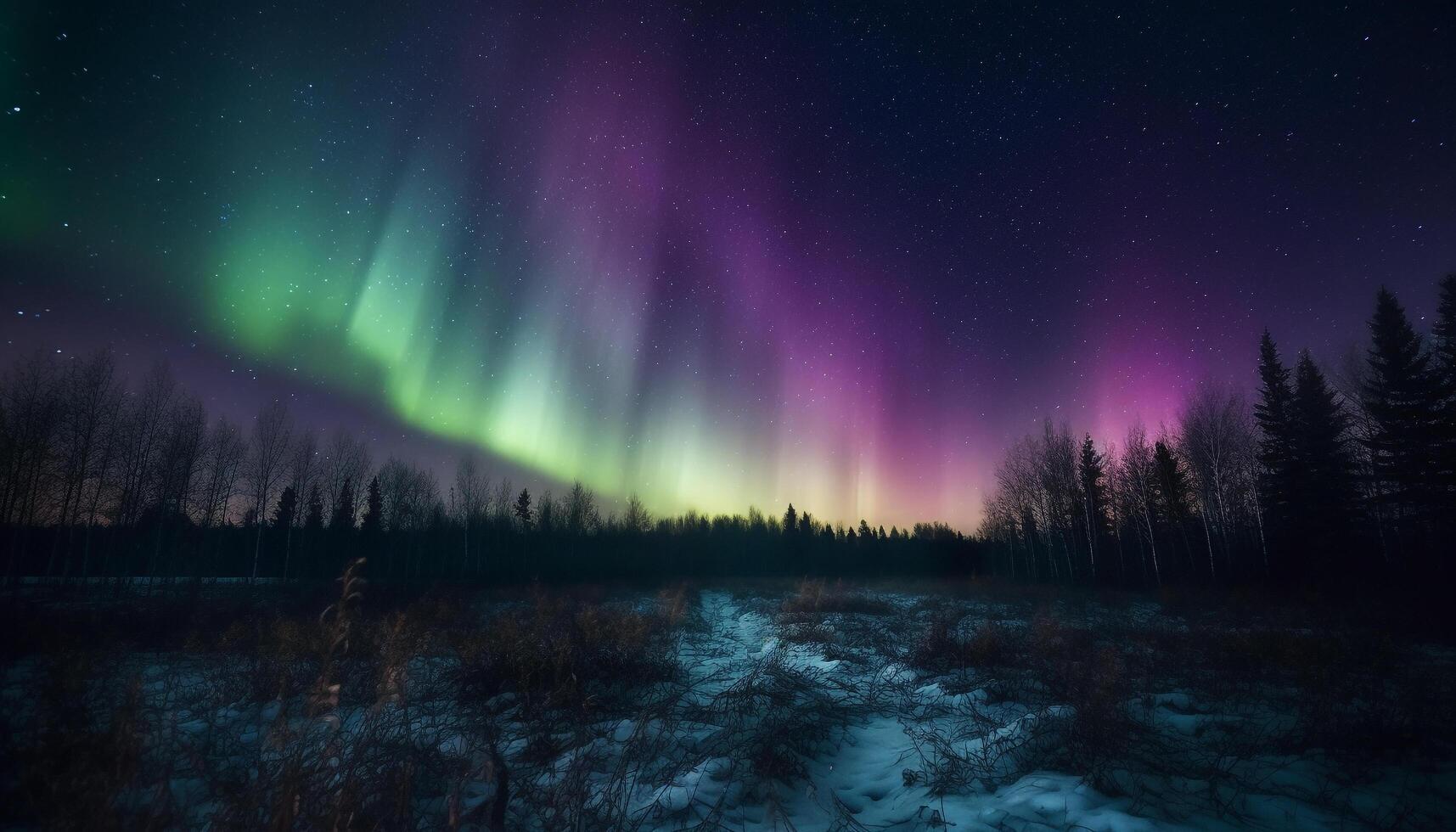 Night sky illuminated by starry aurora over majestic mountain range generated by AI photo