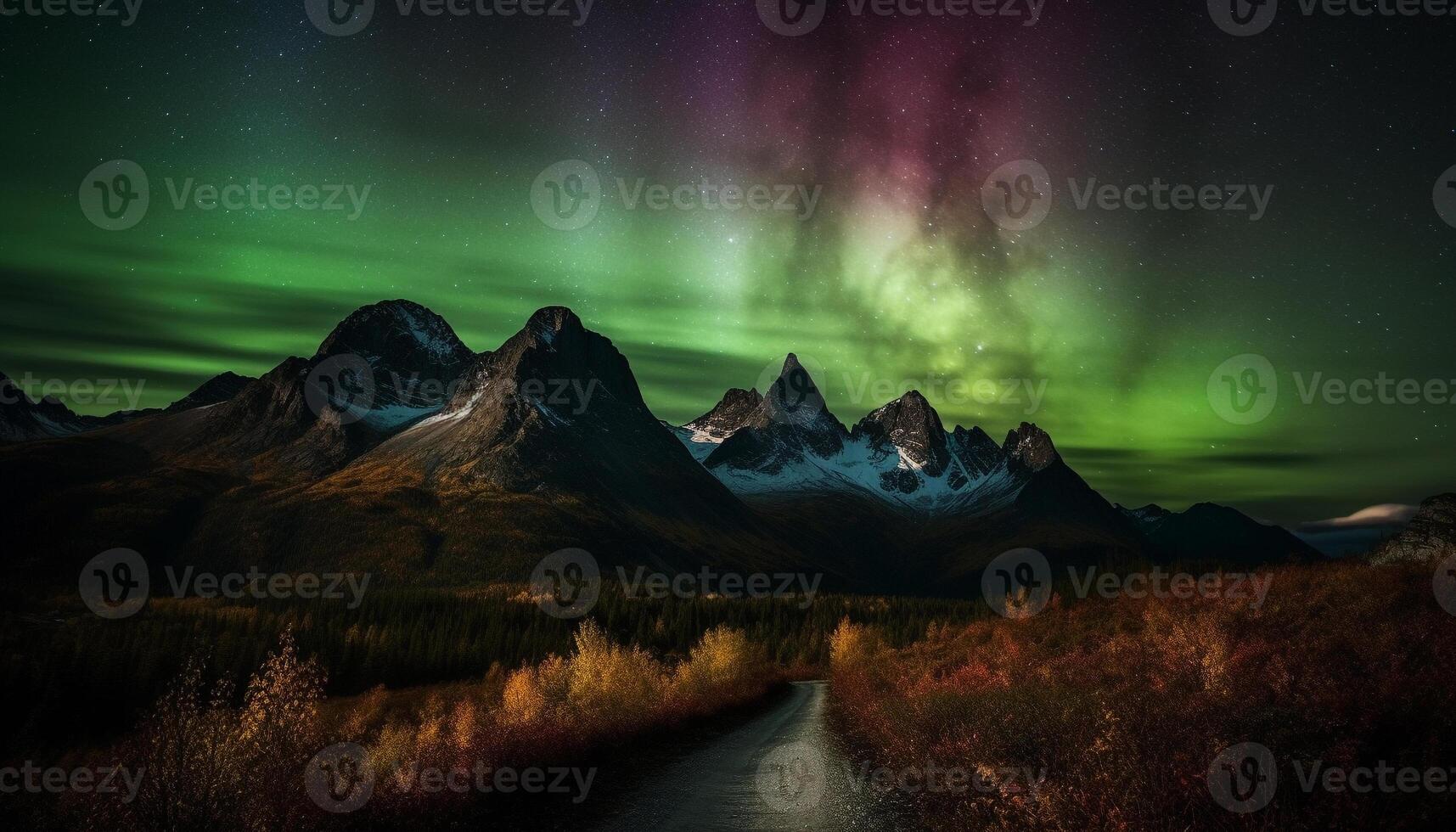 Majestic mountain range illuminated by starry Milky Way galaxy generated by AI photo