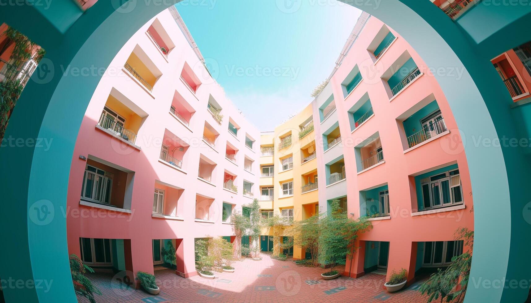 el moderno edificio fachada caracteristicas multi de colores ventanas con vista a el paisaje urbano generado por ai foto