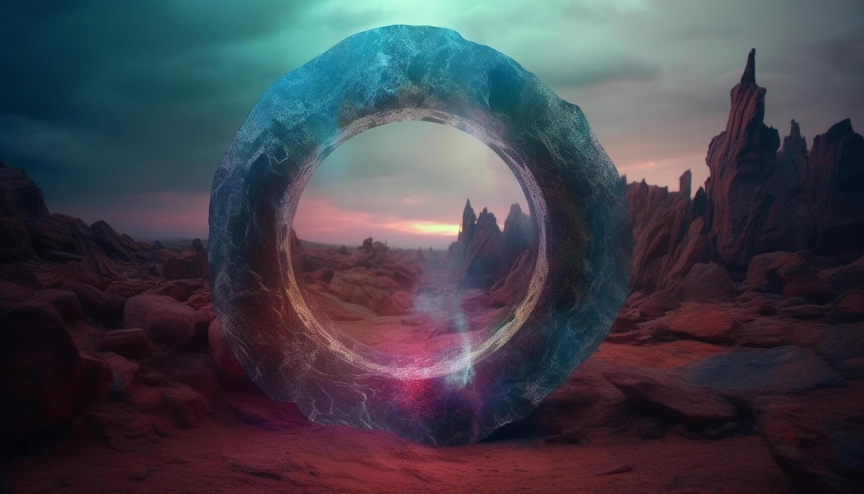 A majestic mountain cliff, a sunset sky, and a galaxy sphere generated by AI photo