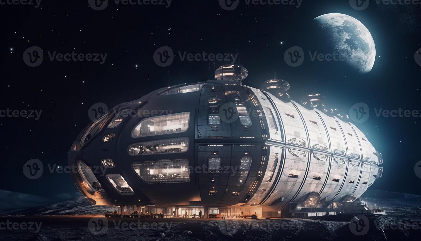 Futuristic spaceship illuminates dark galaxy, speeding towards modern cityscape generated by AI photo