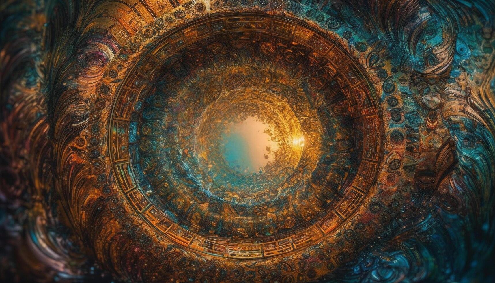 Abstract computer graphic creates vibrant, ornate fractal wallpaper design generated by AI photo