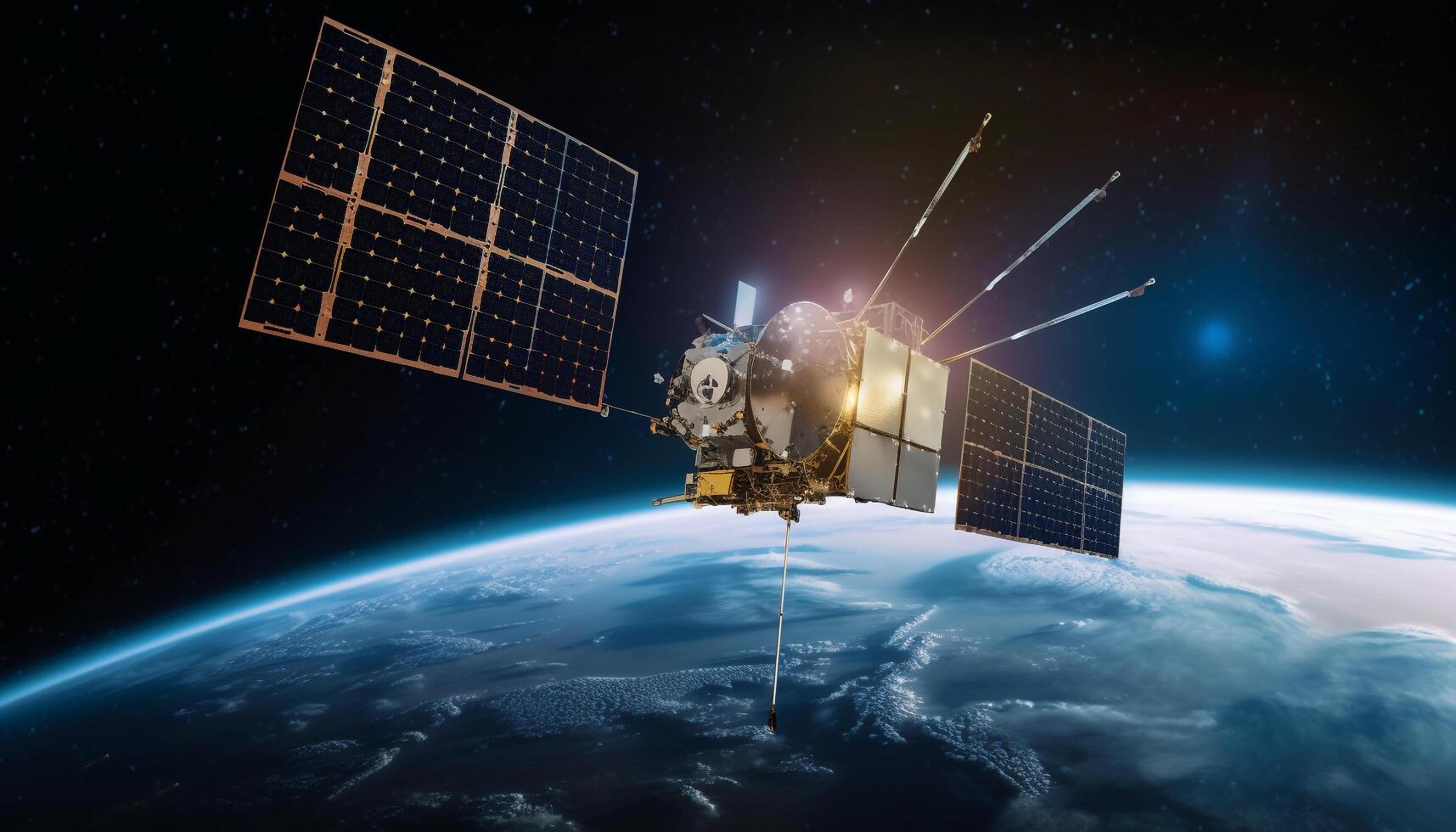 Futuristic spaceship orbits planet in Milky Way, broadcasting global communications generated by AI photo