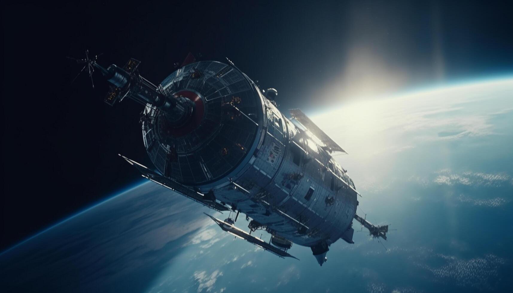 Futuristic spaceship orbits galaxy, transporting equipment for underwater exploration adventure generated by AI photo