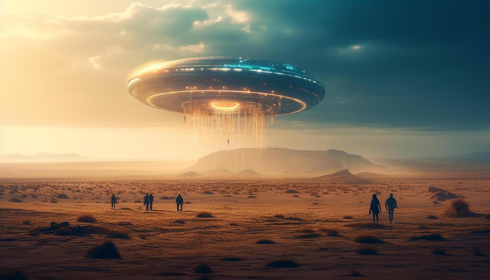 Futuristic spaceship orbits planet in glowing, digitally generated image generated by AI photo