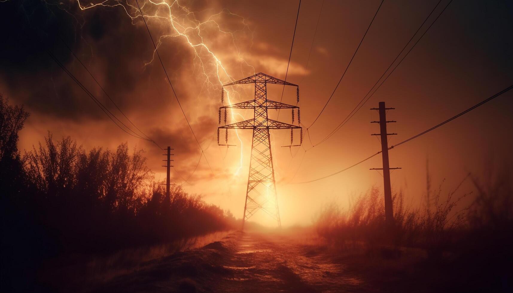 Electricity pylon silhouettes against sunset sky, powering rural mountain landscape generated by AI photo